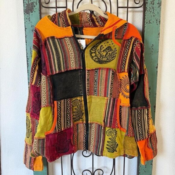 Patchwork Jacket with Hoodie, Handmade Organic Cotton Unisex Fall/Winter. - Picture 6 of 6